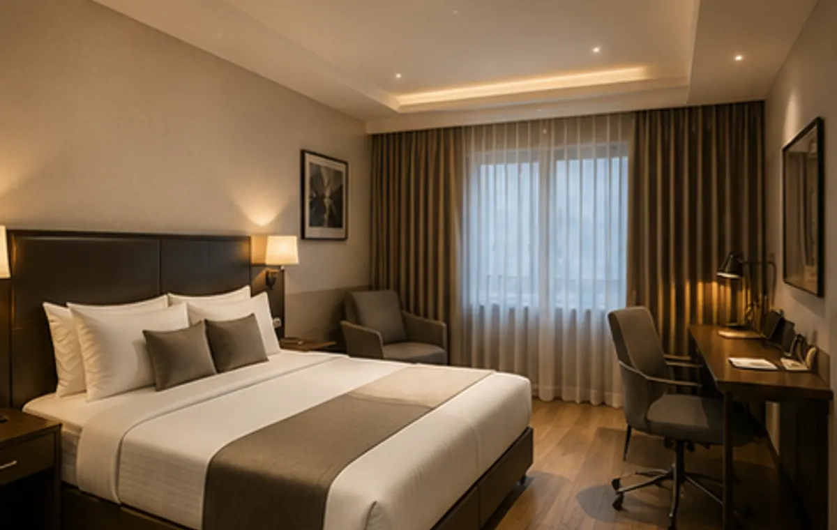 Guest bedroom — king bed, work desk, sheer-curtained window