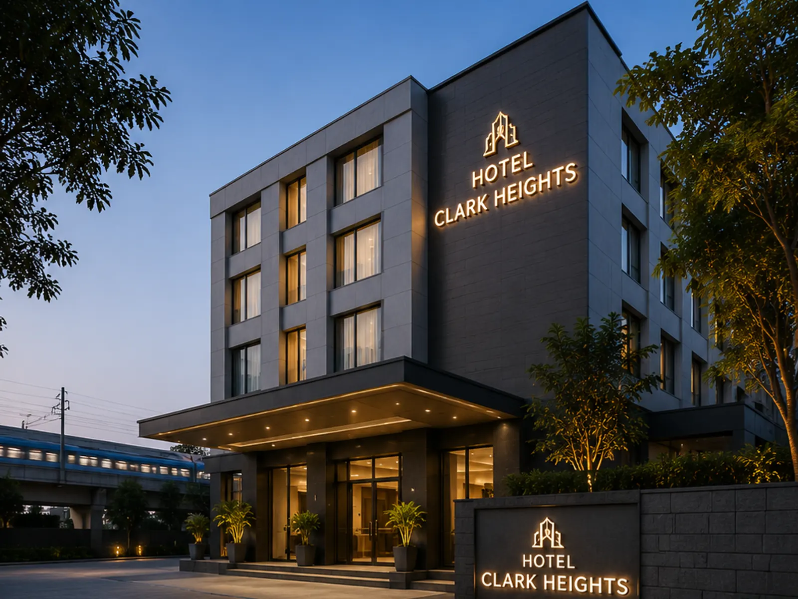 Hotel Clark Heights exterior at dusk, west Delhi