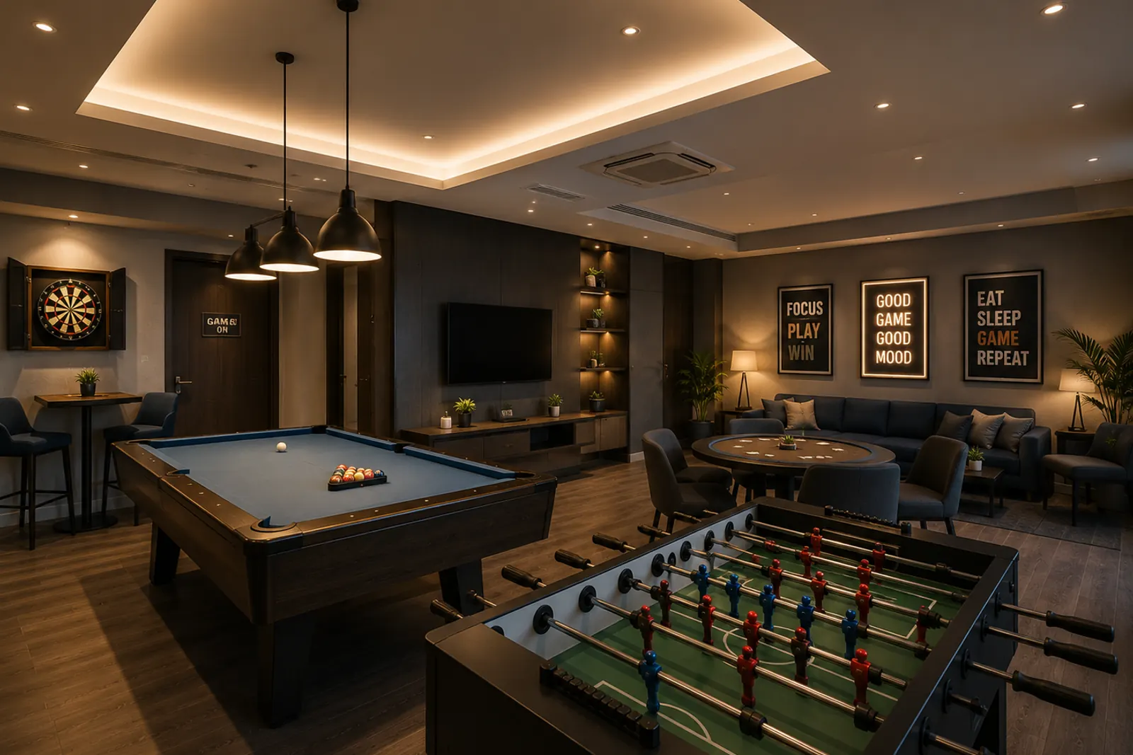 Indoor game room — pool table, foosball, dartboard, lounge