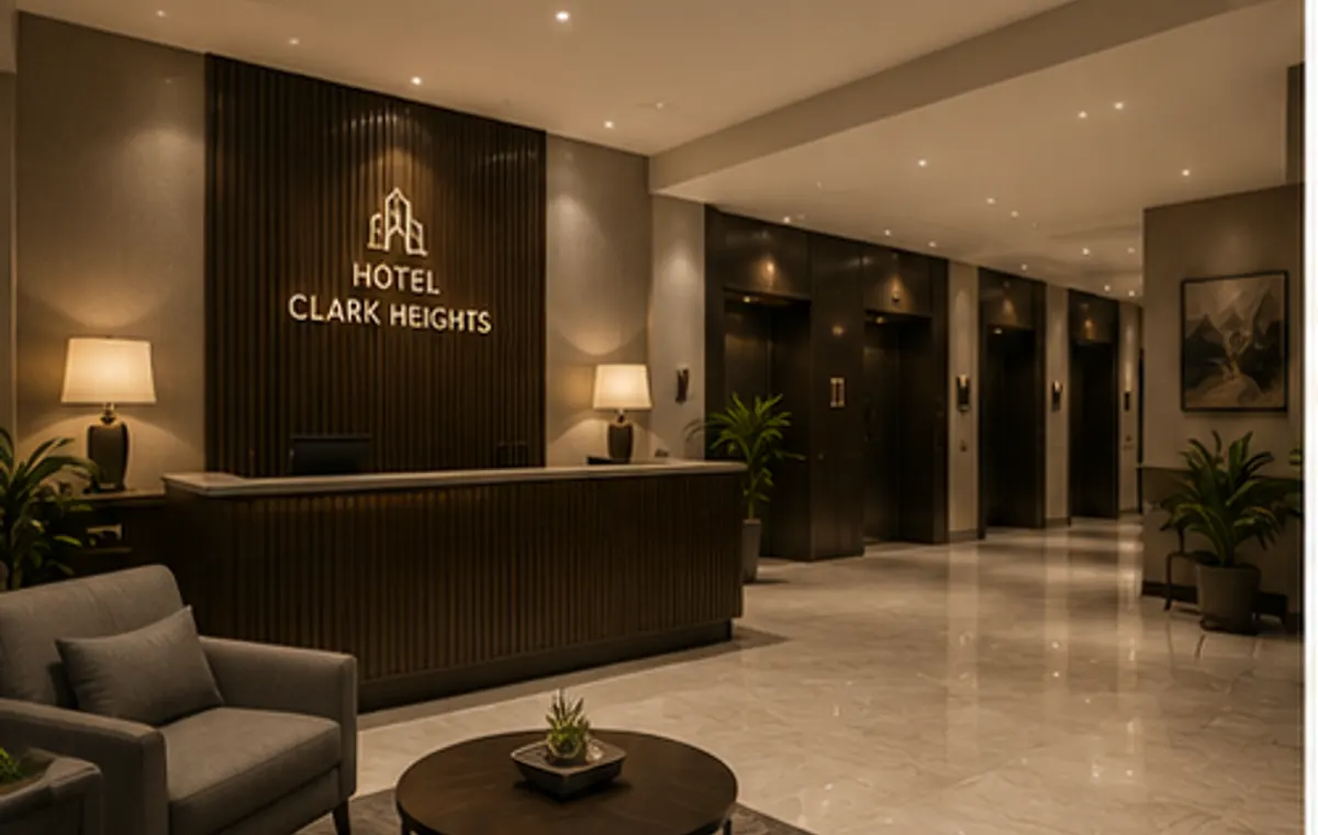 Hotel lobby with signed reception desk and lift lobby