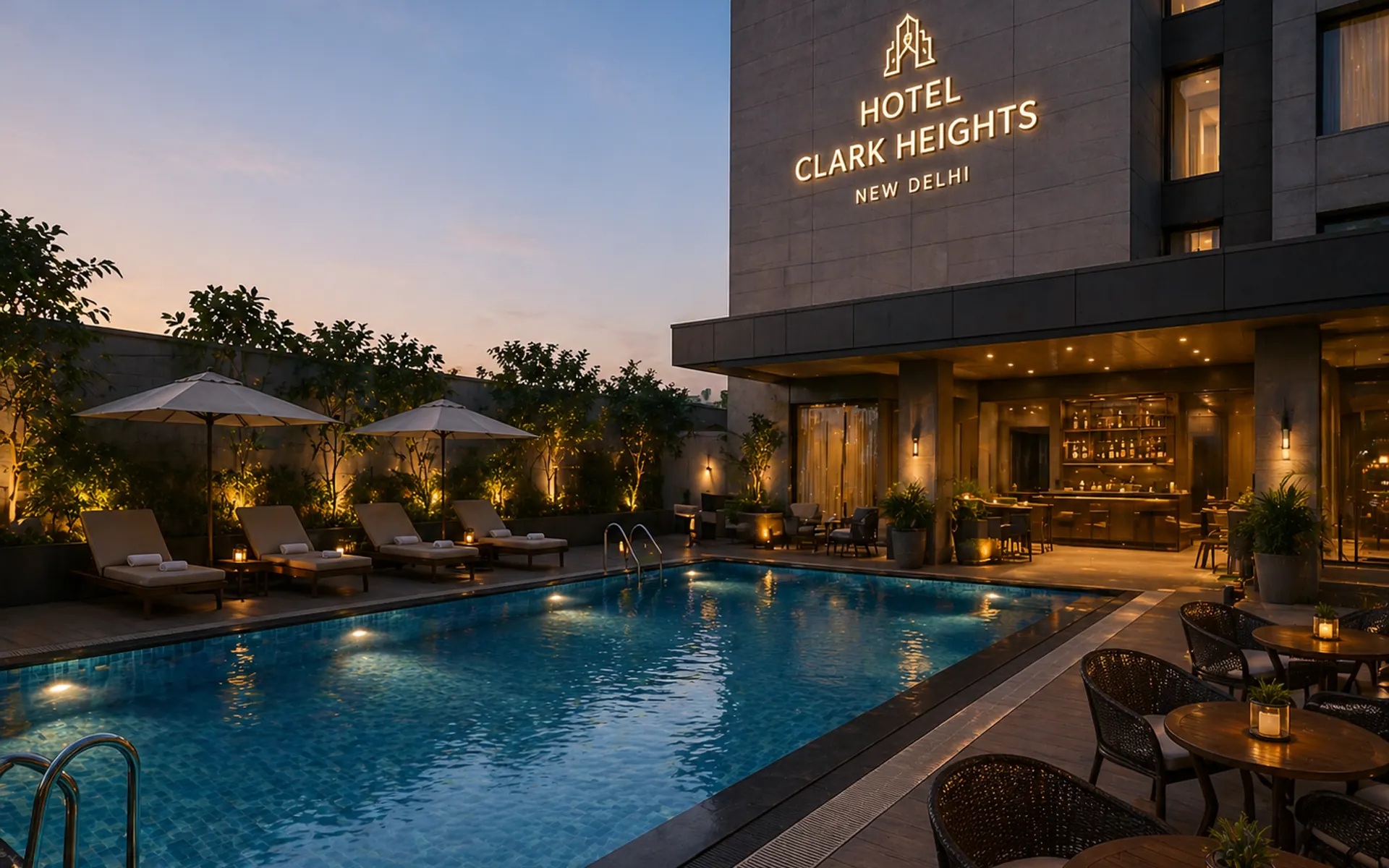 Hotel Clark Heights pool deck and bar terrace at dusk, west Delhi